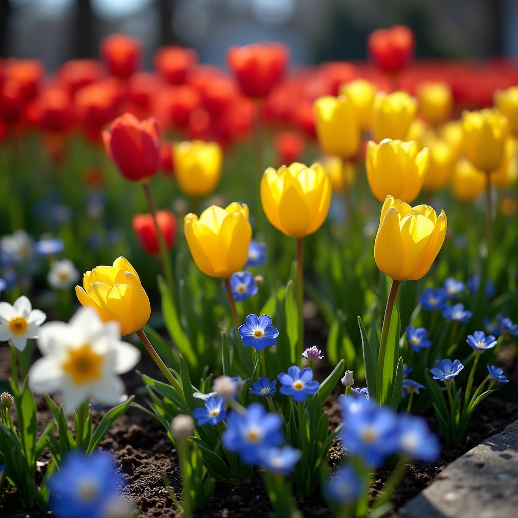 Farbenfrohe saisonale Beetanlage mit Frühlingsblumen