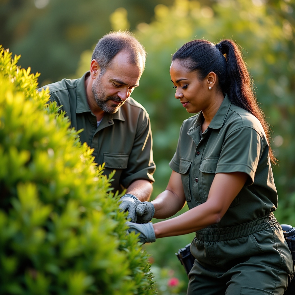 Gartenpflegeteam bei konzentrierter Arbeit in einem gepflegten Garten