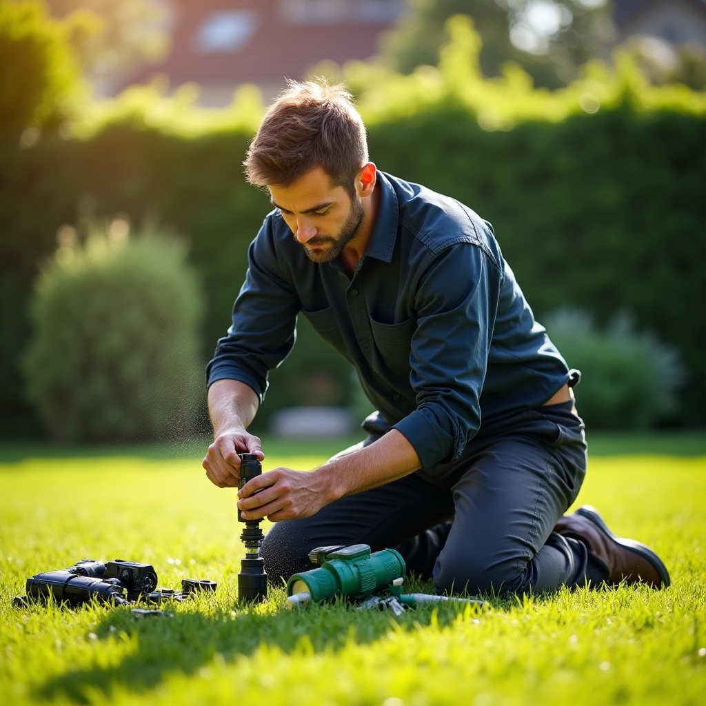 Techniker für Bewässerungssysteme bei der Arbeit im Garten