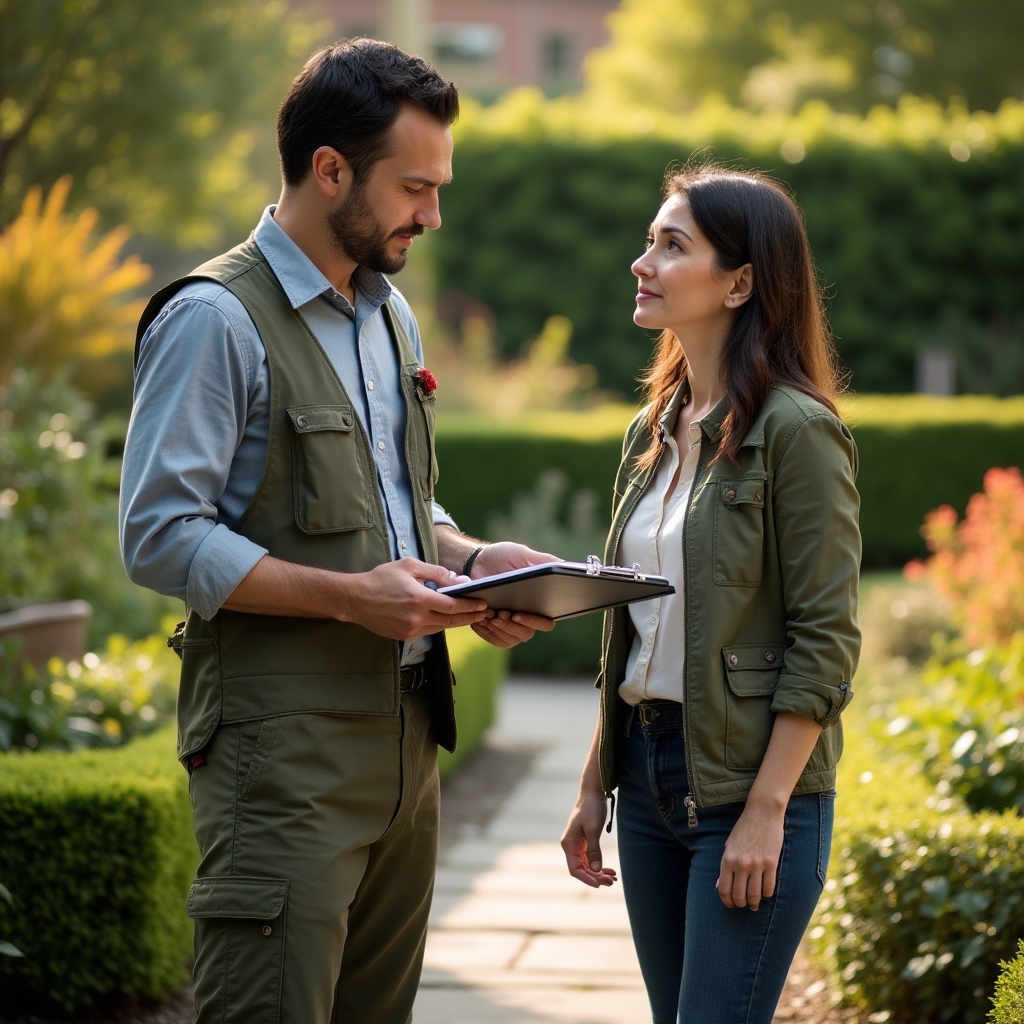 Beratungsgespräch über einen Gartenpflegevertrag